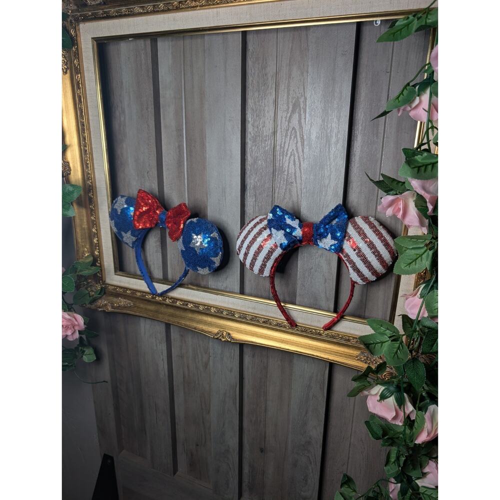 Disney Minnie & Mickey Mouse Sequin Bow Ear Headband Blue Purple Red Stars - Picture 5 of 6